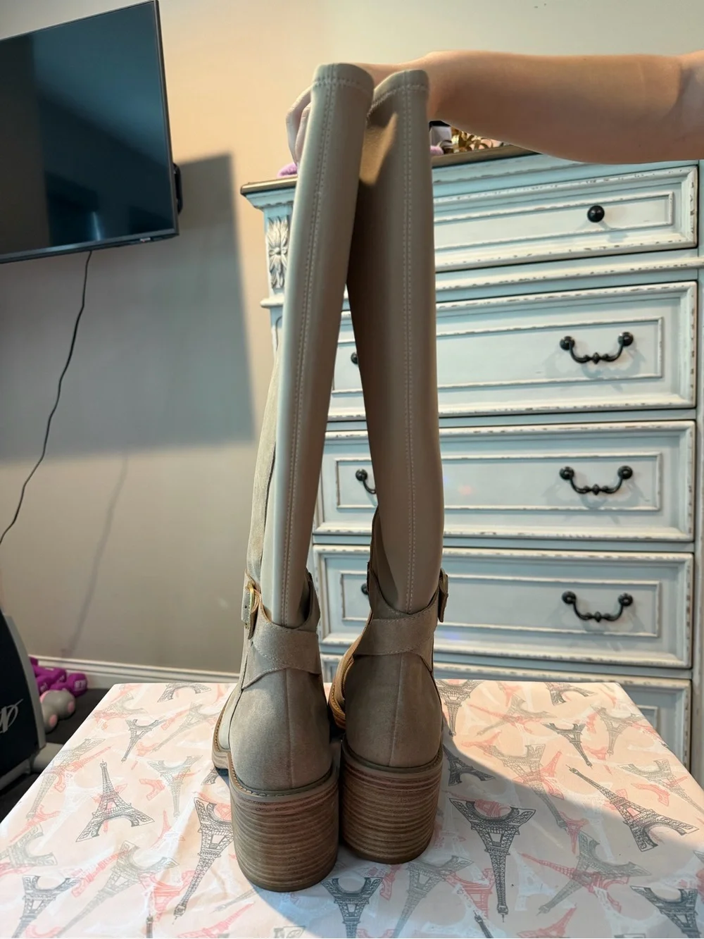 Vince Camuto Taupe Suede Over-The-Knee Boots with Gold Buckle